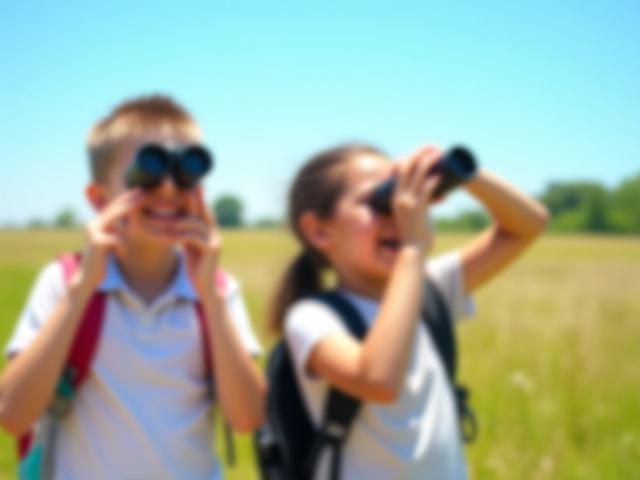 Students excitedly observing a bird through binoculars in an open field, showcasing increased engagement and active learning.